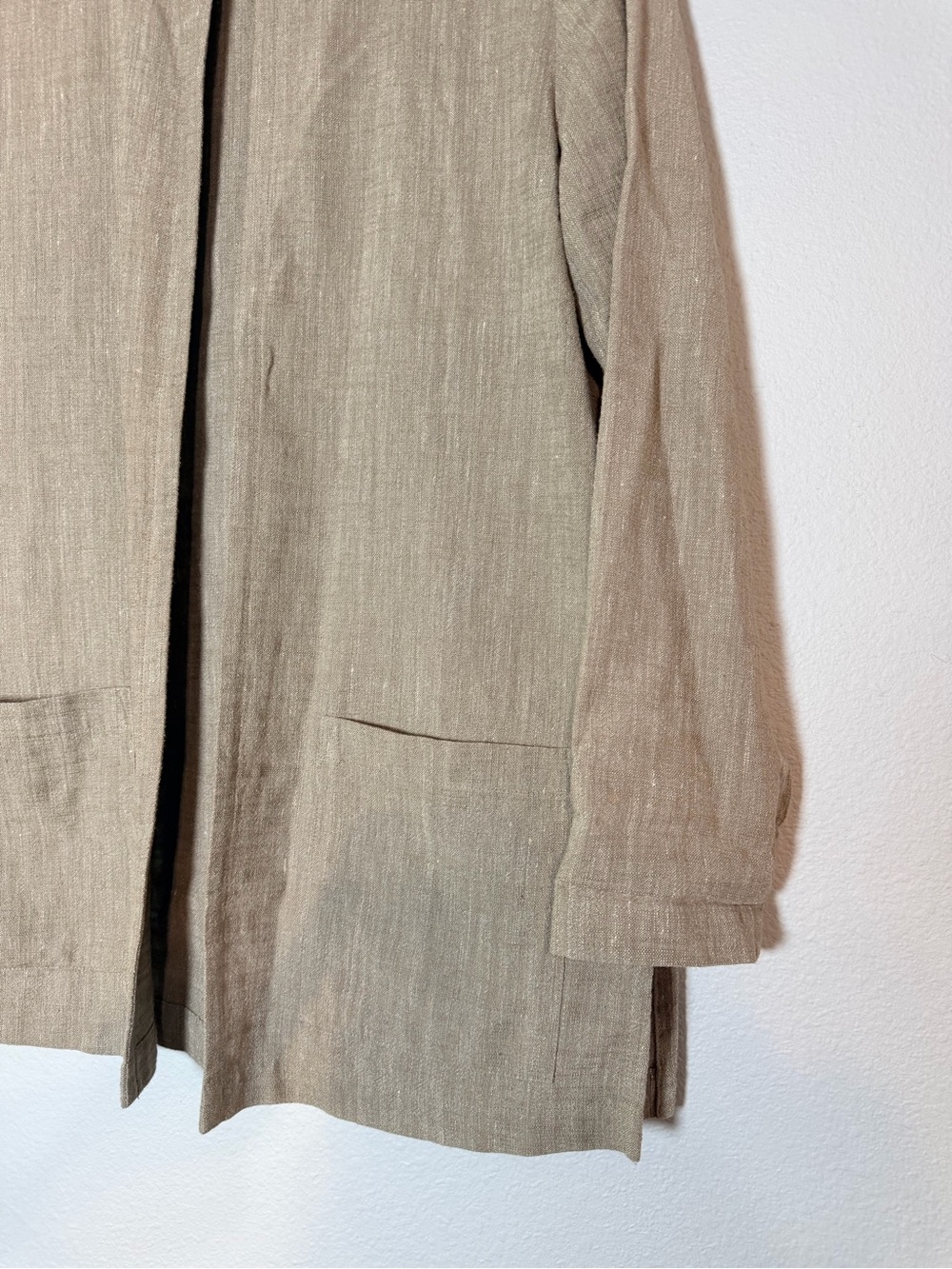 Vintage Eileen Fisher Open Front Jacket Button Closure Cotton Linen Blend Taupe - Picture 8 of 13